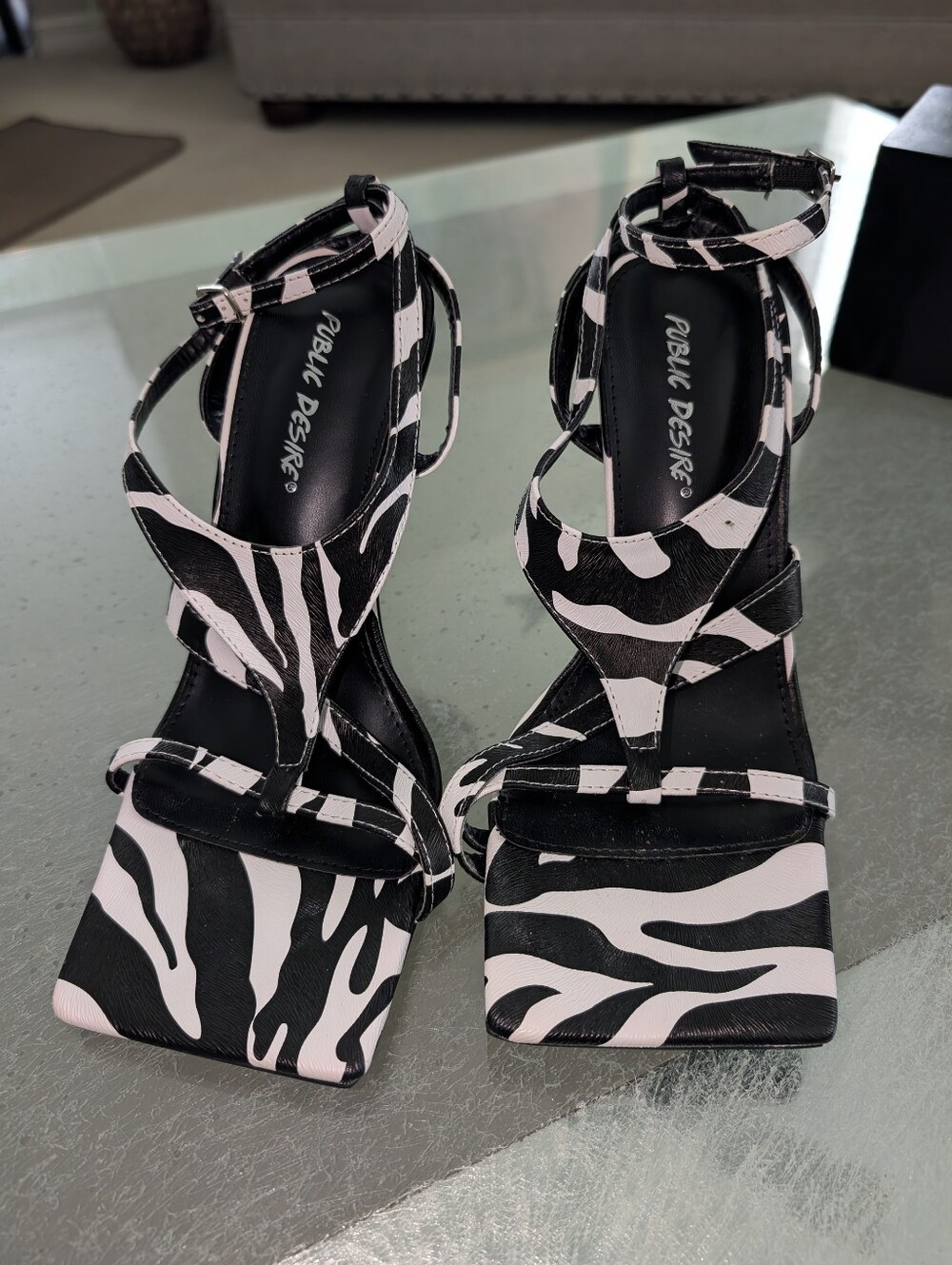 Public Desire White & Black Zebra Strap Heels